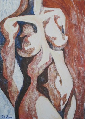 Gemälde in Acryl mit abstrakter Darstellung Aktes in Blau, Ocker und Gelb